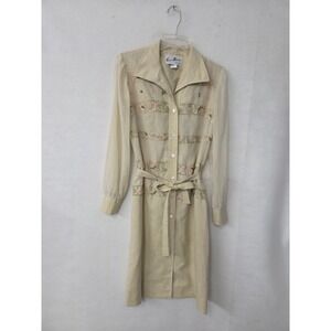 Herman Marcus Vintage Shirt Dress 10 Beige Embroidered Sheer Sleeve Belted 1970s